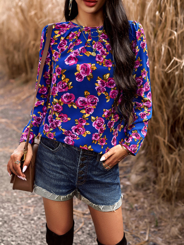 Casual Printed Round Neck Long Sleeve Top-[Adult]-[Female]-Blue-S-2022 Online Blue Zone Planet