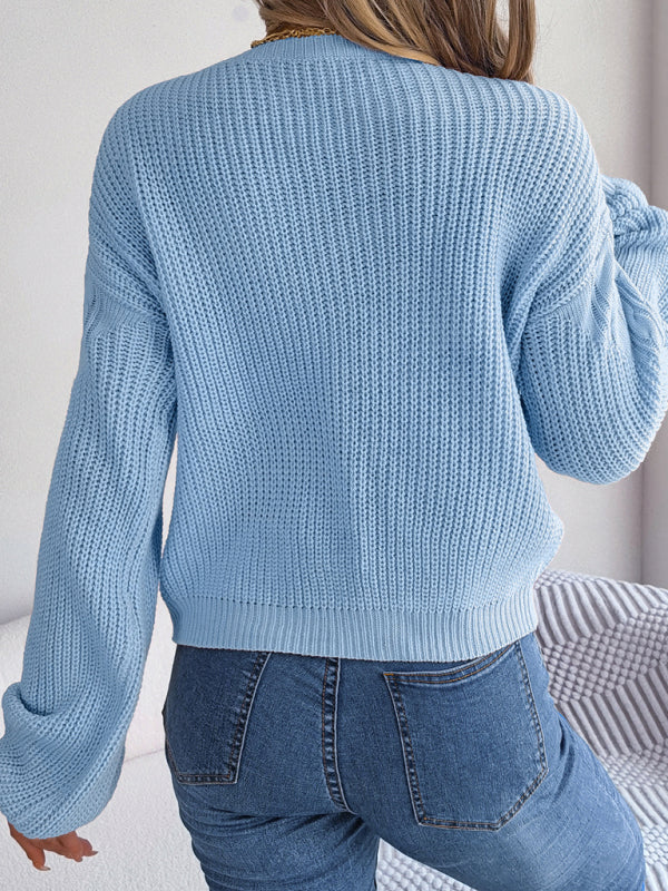 twist stitching lantern sleeve pullover sweater BLUE ZONE PLANET