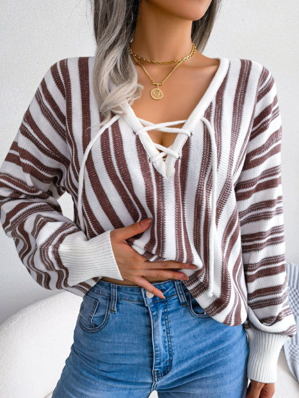 Blue Zone Planet | Casual Color Contrast Stripe Tie Lantern Sleeve Pullover Sweater-TOPS / DRESSES-[Adult]-[Female]-2022 Online Blue Zone Planet