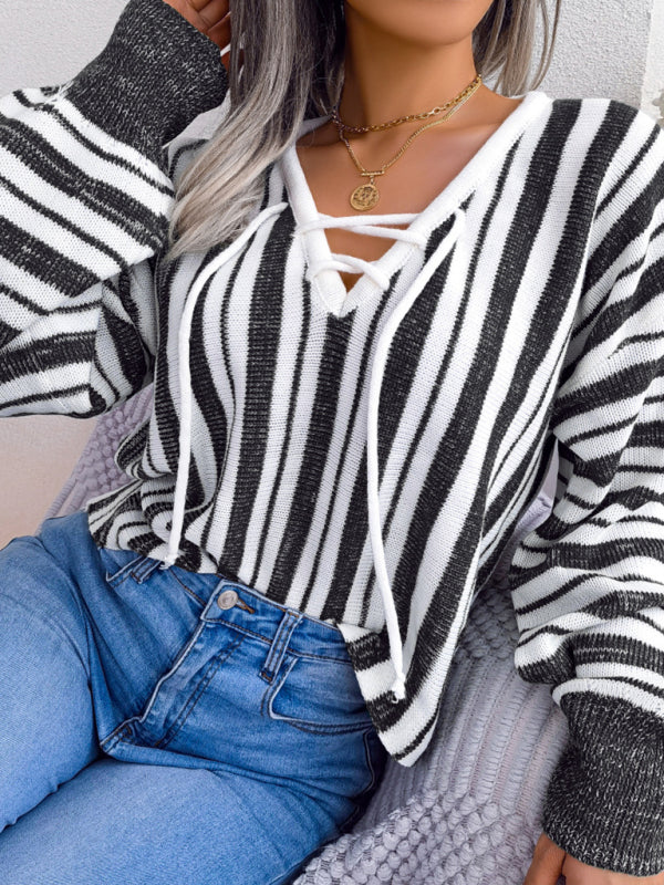 Blue Zone Planet | Casual Color Contrast Stripe Tie Lantern Sleeve Pullover Sweater-TOPS / DRESSES-[Adult]-[Female]-2022 Online Blue Zone Planet