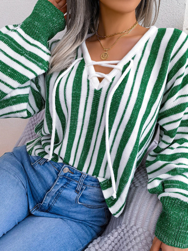 Blue Zone Planet | Casual Color Contrast Stripe Tie Lantern Sleeve Pullover Sweater-TOPS / DRESSES-[Adult]-[Female]-2022 Online Blue Zone Planet