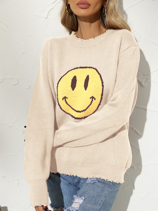 New Round Neck Loose Smile Knit Pullover Sweater-[Adult]-[Female]-Cracker khaki-S-2022 Online Blue Zone Planet