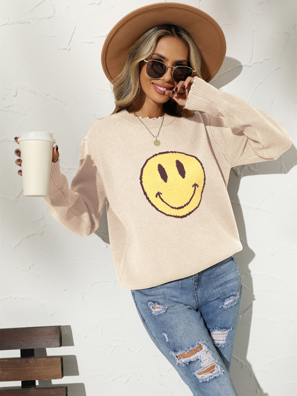 New Round Neck Loose Smile Knit Pullover Sweater-[Adult]-[Female]-2022 Online Blue Zone Planet