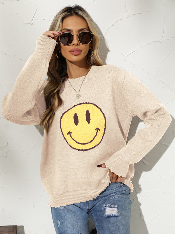 New Round Neck Loose Smile Knit Pullover Sweater-[Adult]-[Female]-2022 Online Blue Zone Planet