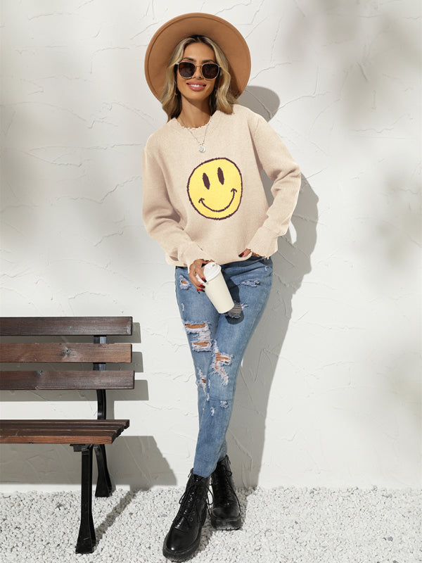 New Round Neck Loose Smile Knit Pullover Sweater-[Adult]-[Female]-2022 Online Blue Zone Planet