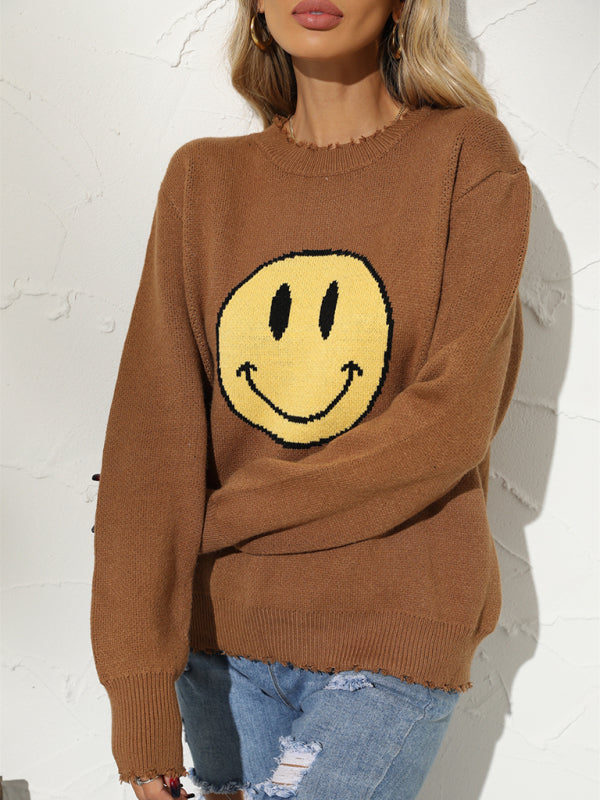 New Round Neck Loose Smile Knit Pullover Sweater-[Adult]-[Female]-2022 Online Blue Zone Planet