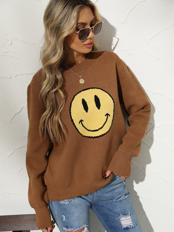 New Round Neck Loose Smile Knit Pullover Sweater-[Adult]-[Female]-2022 Online Blue Zone Planet