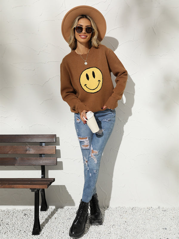 New Round Neck Loose Smile Knit Pullover Sweater-[Adult]-[Female]-2022 Online Blue Zone Planet