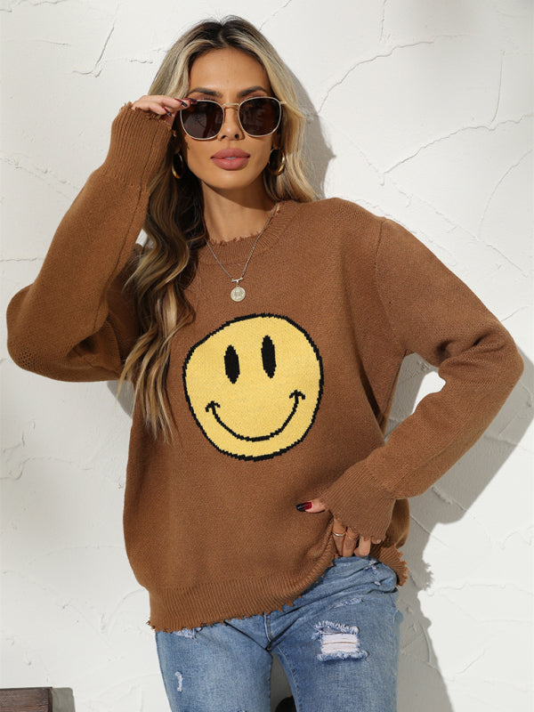 New Round Neck Loose Smile Knit Pullover Sweater-[Adult]-[Female]-2022 Online Blue Zone Planet