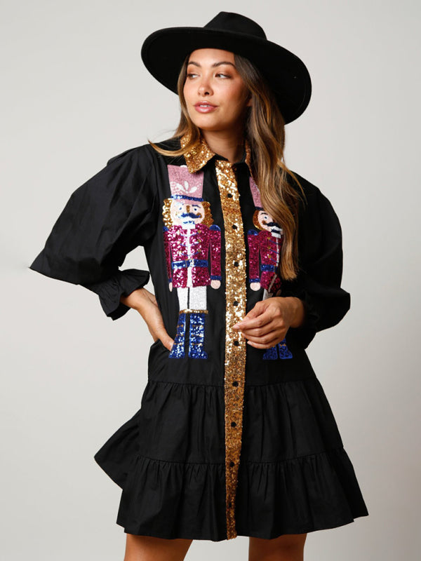 Contrast color long sleeve lapel Christmas sequin dress - Blue Zone Blue Zone Planet Contrast color long sleeve lapel Christmas sequin dress - Blue Zone Blue Zone Planet