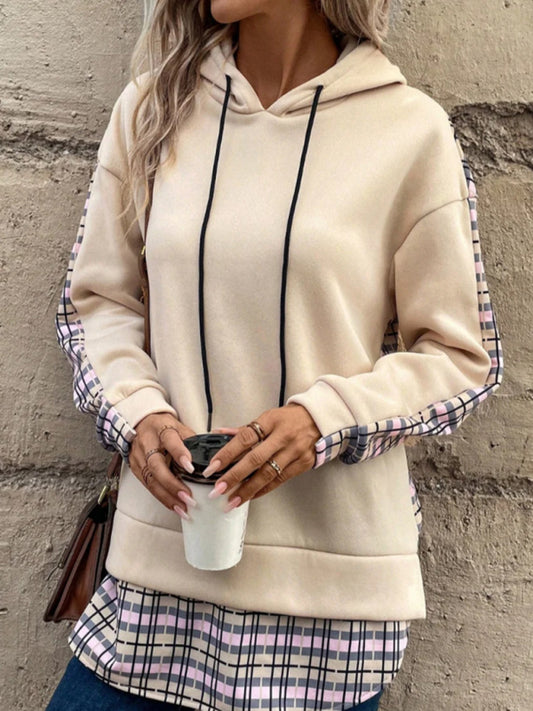 Blue Zone Planet | hooded contrasting plaid splicing slit sweatshirt-TOPS / DRESSES-[Adult]-[Female]-Cracker khaki-S-2022 Online Blue Zone Planet