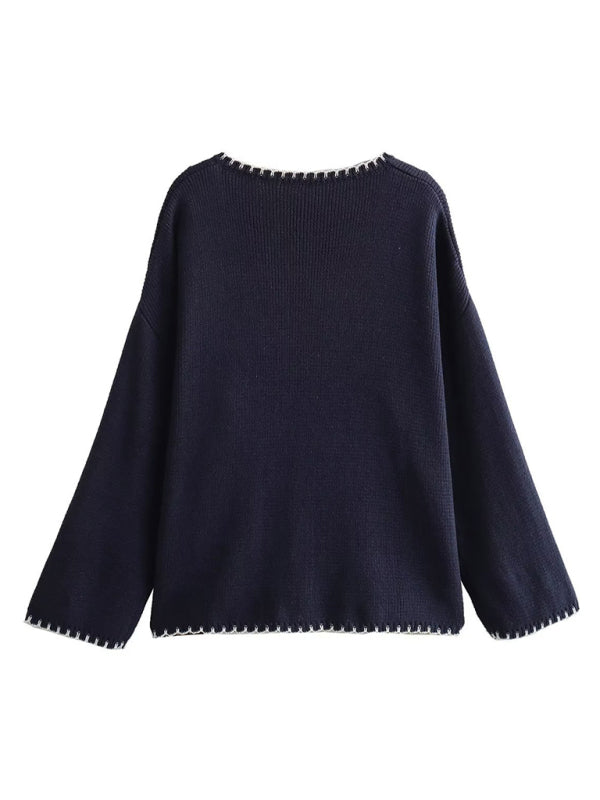 Women's street fashion color stitched embellished sweater-[Adult]-[Female]-2022 Online Blue Zone Planet