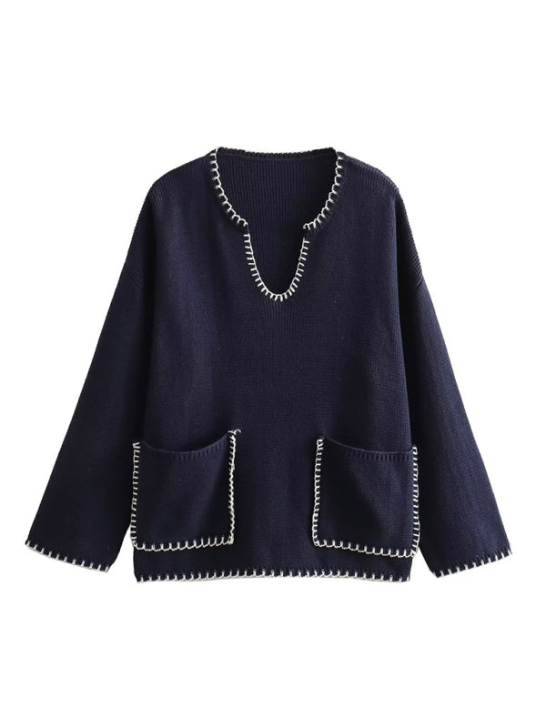 Women's street fashion color stitched embellished sweater-[Adult]-[Female]-2022 Online Blue Zone Planet