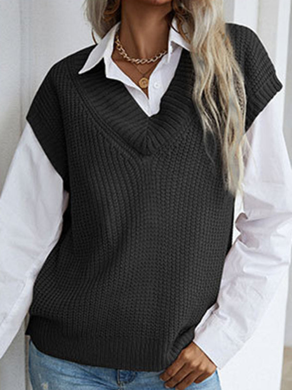 Women's solid color v-neck knitted sweater vest BLUE ZONE PLANET