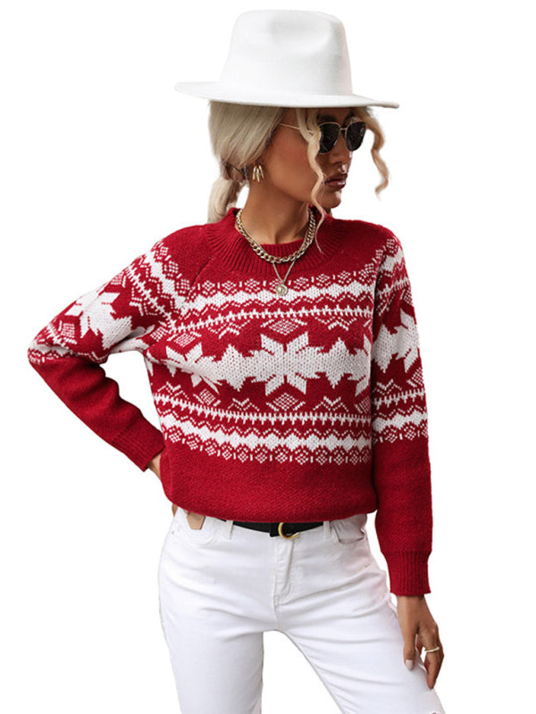 Blue Zone Planet | Women's Round Neck Red Knitted Christmas Snowflake Sweater-TOPS / DRESSES-[Adult]-[Female]-2022 Online Blue Zone Planet