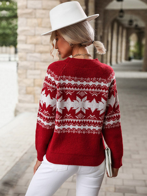 Blue Zone Planet | Women's Round Neck Red Knitted Christmas Snowflake Sweater-TOPS / DRESSES-[Adult]-[Female]-2022 Online Blue Zone Planet