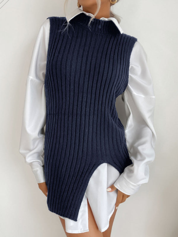 Blue Zone Planet | Slit Solid Color Mid-Length Vest Sweater BLUE ZONE PLANET