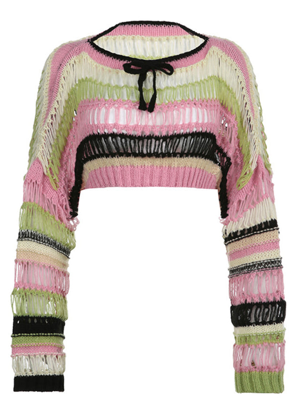 Blue Zone Planet |  Colorful striped hollow loose woolen blouse for women BLUE ZONE PLANET