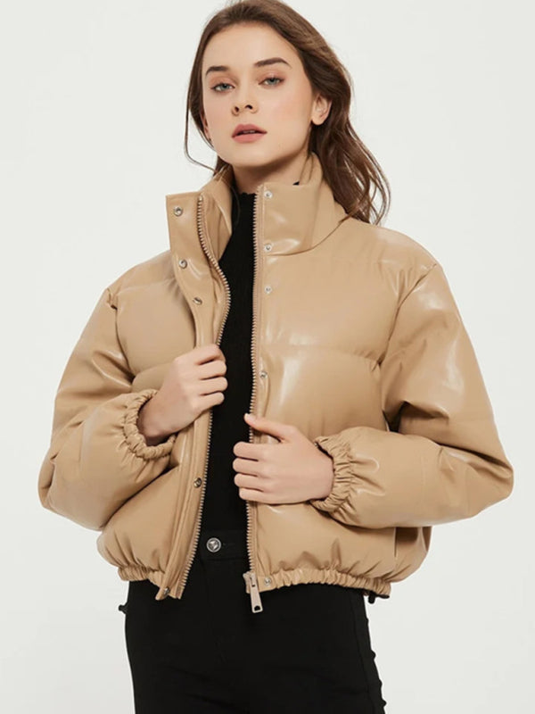 Blue Zone Planet | Upright Collar Single Breasted Slim Puffy Short Quilted Coat-TOPS / DRESSES-[Adult]-[Female]-Khaki-XS-2022 Online Blue Zone Planet