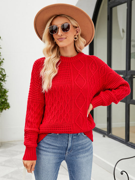 New twist casual solid color round neck sweater loose pullover sweater-[Adult]-[Female]-Red-S-2022 Online Blue Zone Planet