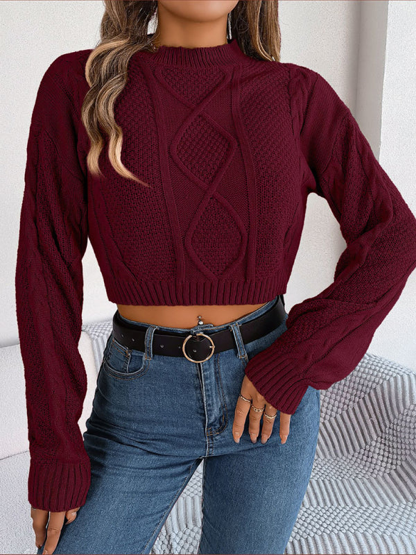 Blue Zone Planet | autumn and winter solid color twist long-sleeved pullover navel-baring sweater-TOPS / DRESSES-[Adult]-[Female]-2022 Online Blue Zone Planet