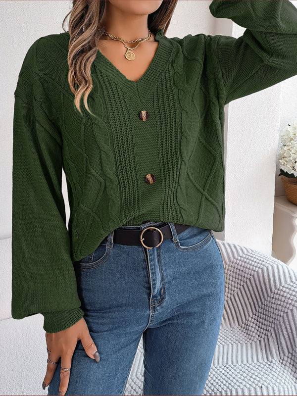 New autumn and winter solid color V-neck buttoned twist lantern sleeve pullover sweater-[Adult]-[Female]-Olive green-S-2022 Online Blue Zone Planet