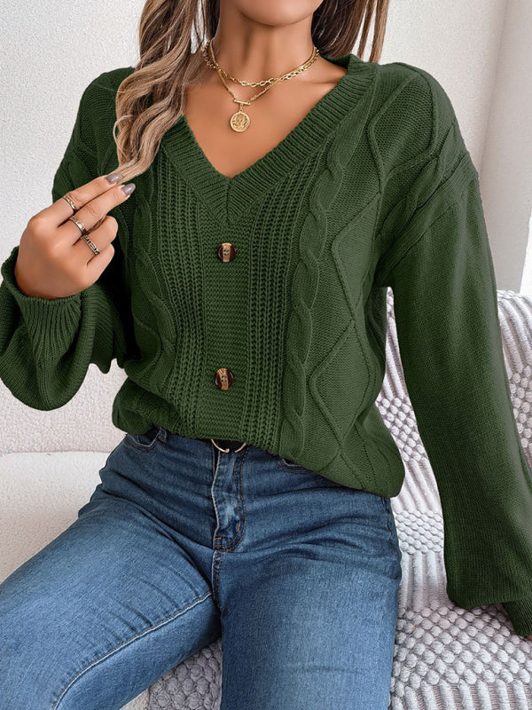 New autumn and winter solid color V-neck buttoned twist lantern sleeve pullover sweater-[Adult]-[Female]-2022 Online Blue Zone Planet