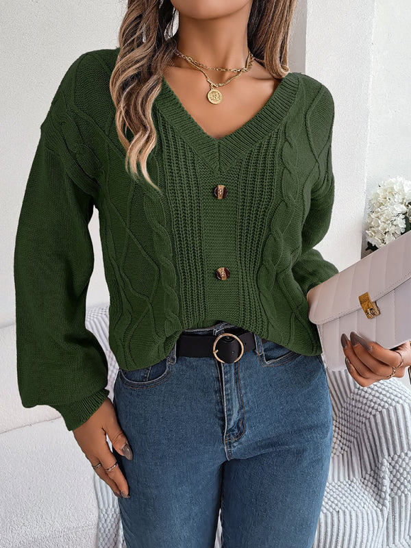 New autumn and winter solid color V-neck buttoned twist lantern sleeve pullover sweater-[Adult]-[Female]-2022 Online Blue Zone Planet