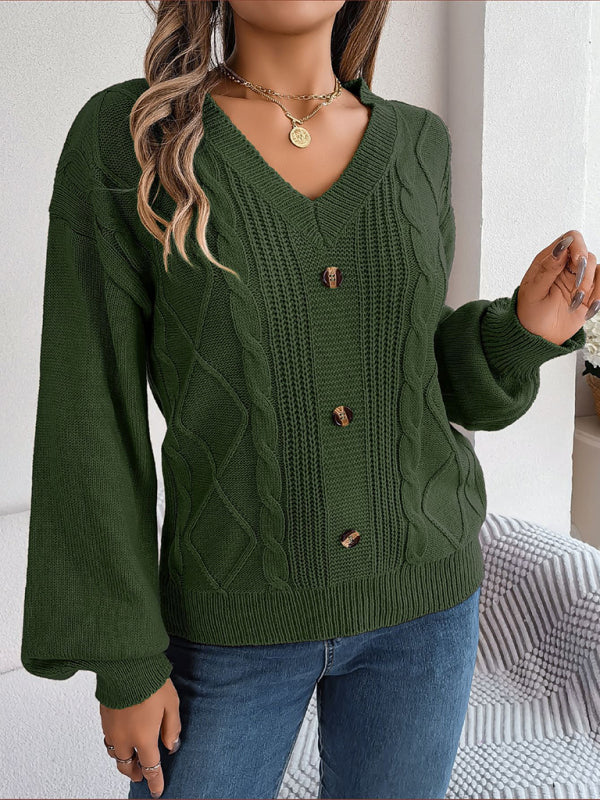 New autumn and winter solid color V-neck buttoned twist lantern sleeve pullover sweater-[Adult]-[Female]-2022 Online Blue Zone Planet