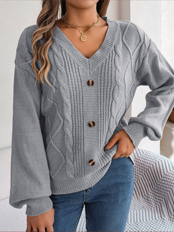 New autumn and winter solid color V-neck buttoned twist lantern sleeve pullover sweater-[Adult]-[Female]-Grey-S-2022 Online Blue Zone Planet