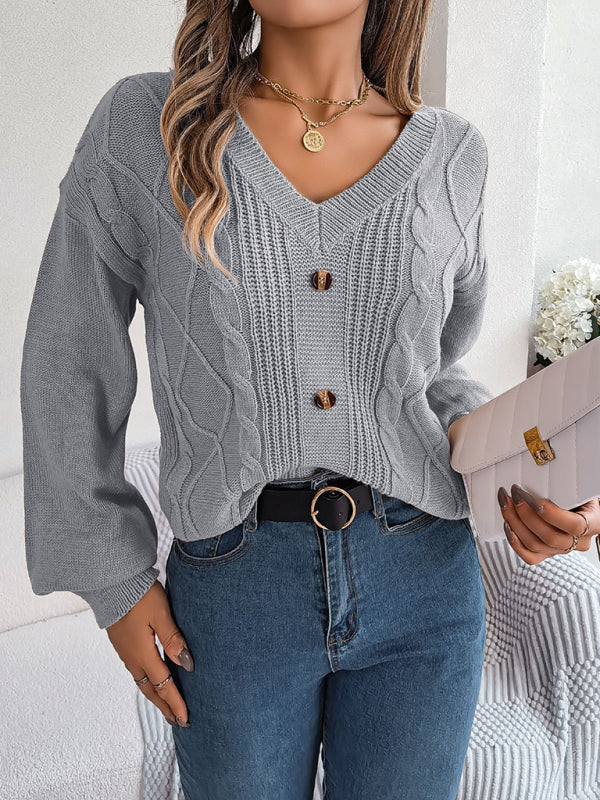 New autumn and winter solid color V-neck buttoned twist lantern sleeve pullover sweater-[Adult]-[Female]-2022 Online Blue Zone Planet