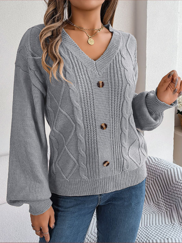 New autumn and winter solid color V-neck buttoned twist lantern sleeve pullover sweater-[Adult]-[Female]-2022 Online Blue Zone Planet