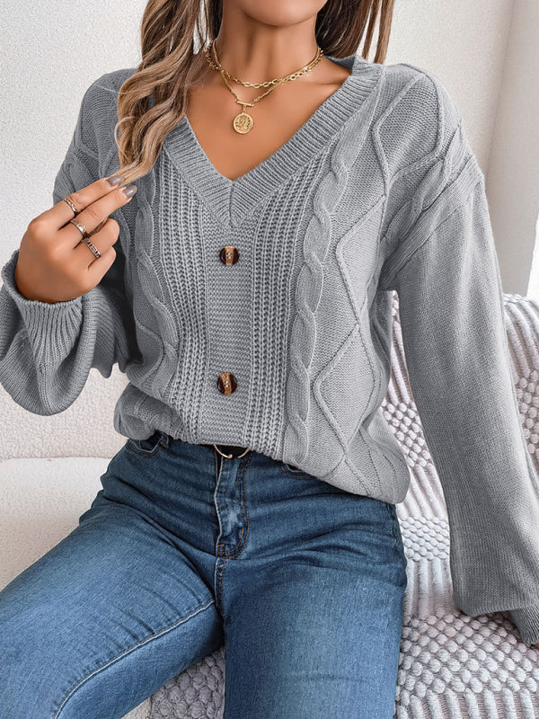 New autumn and winter solid color V-neck buttoned twist lantern sleeve pullover sweater-[Adult]-[Female]-2022 Online Blue Zone Planet