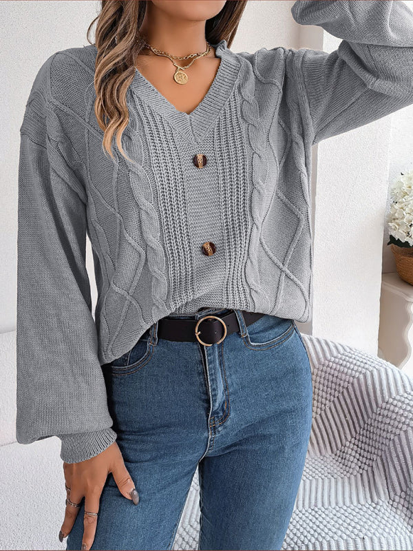 New autumn and winter solid color V-neck buttoned twist lantern sleeve pullover sweater-[Adult]-[Female]-2022 Online Blue Zone Planet