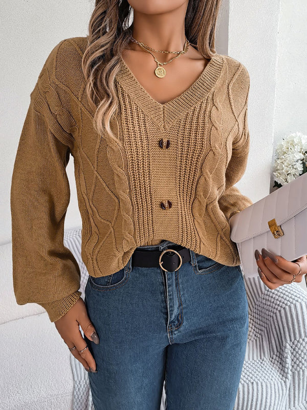 New autumn and winter solid color V-neck buttoned twist lantern sleeve pullover sweater-[Adult]-[Female]-Khaki-S-2022 Online Blue Zone Planet