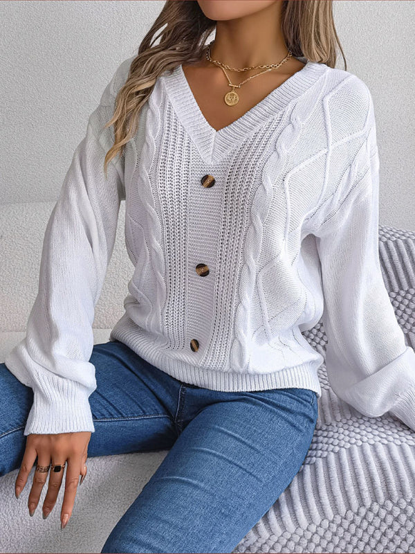 New autumn and winter solid color V-neck buttoned twist lantern sleeve pullover sweater-[Adult]-[Female]-2022 Online Blue Zone Planet