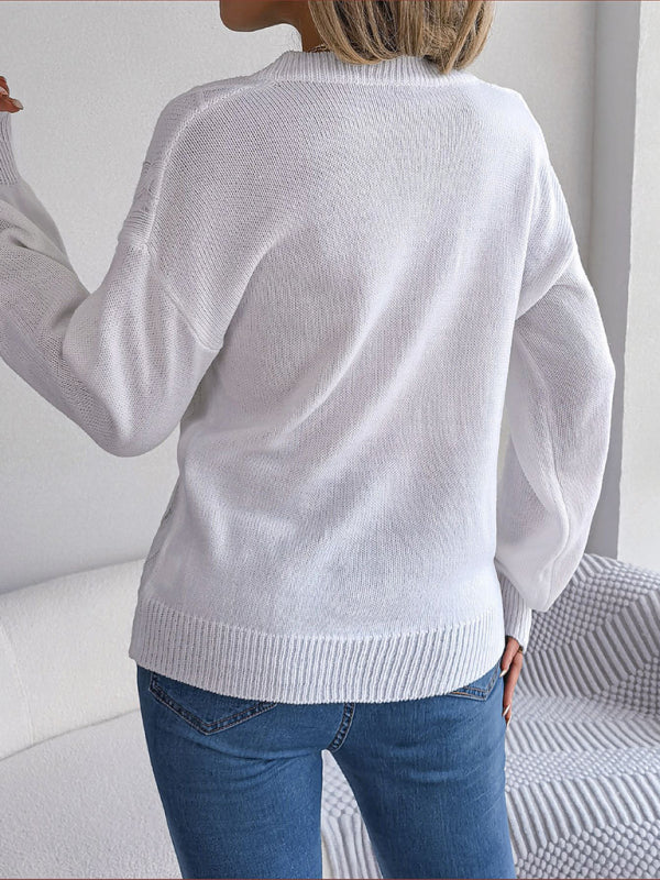 New autumn and winter solid color V-neck buttoned twist lantern sleeve pullover sweater-[Adult]-[Female]-2022 Online Blue Zone Planet