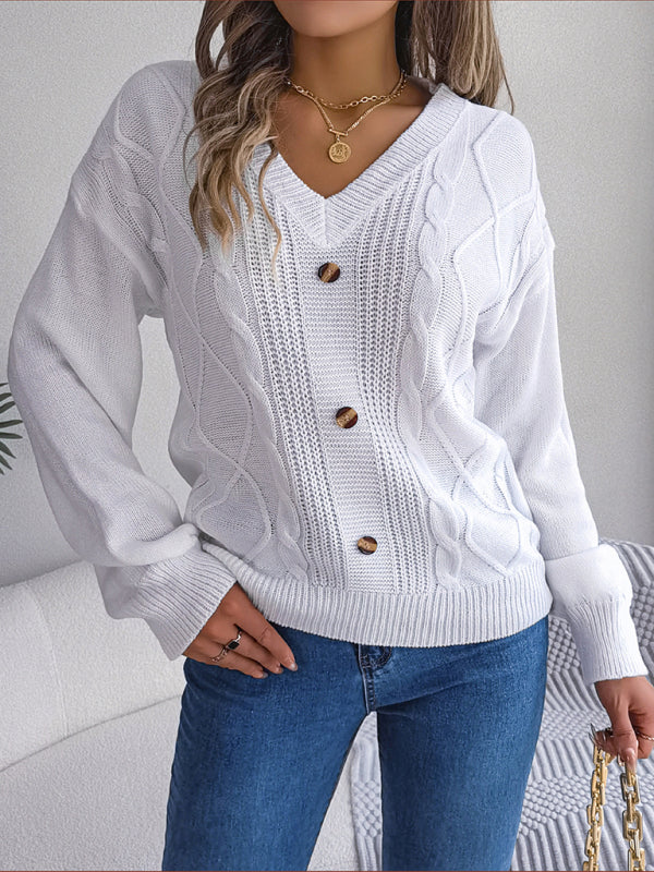 New autumn and winter solid color V-neck buttoned twist lantern sleeve pullover sweater-[Adult]-[Female]-White-S-2022 Online Blue Zone Planet