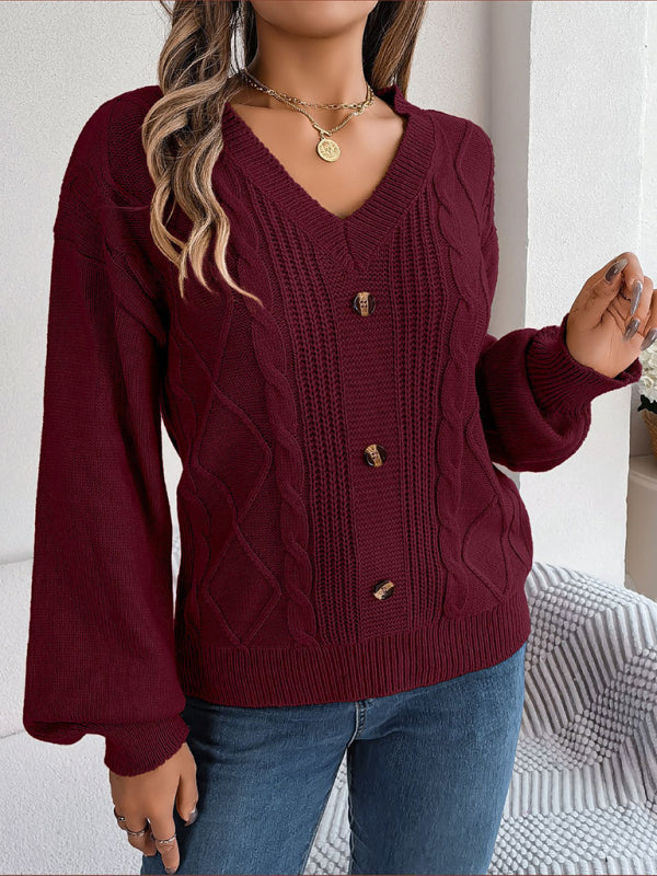 New autumn and winter solid color V-neck buttoned twist lantern sleeve pullover sweater-[Adult]-[Female]-2022 Online Blue Zone Planet