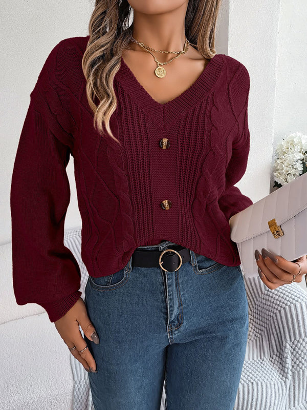 New autumn and winter solid color V-neck buttoned twist lantern sleeve pullover sweater-[Adult]-[Female]-2022 Online Blue Zone Planet