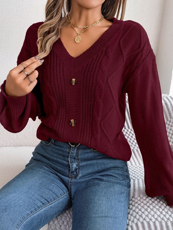 New autumn and winter solid color V-neck buttoned twist lantern sleeve pullover sweater-[Adult]-[Female]-Wine Red-S-2022 Online Blue Zone Planet