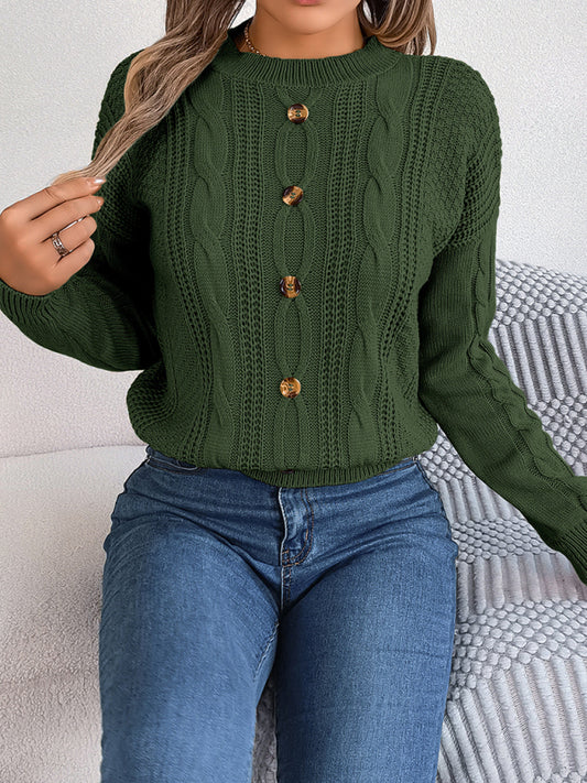 New solid color button twist long-sleeved pullover sweater-[Adult]-[Female]-Olive green-S-2022 Online Blue Zone Planet