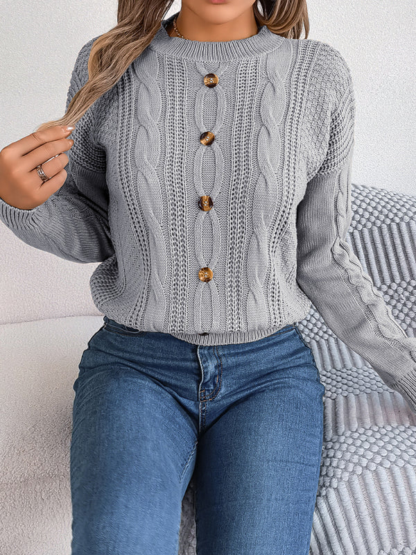 New solid color button twist long-sleeved pullover sweater-[Adult]-[Female]-Grey-S-2022 Online Blue Zone Planet