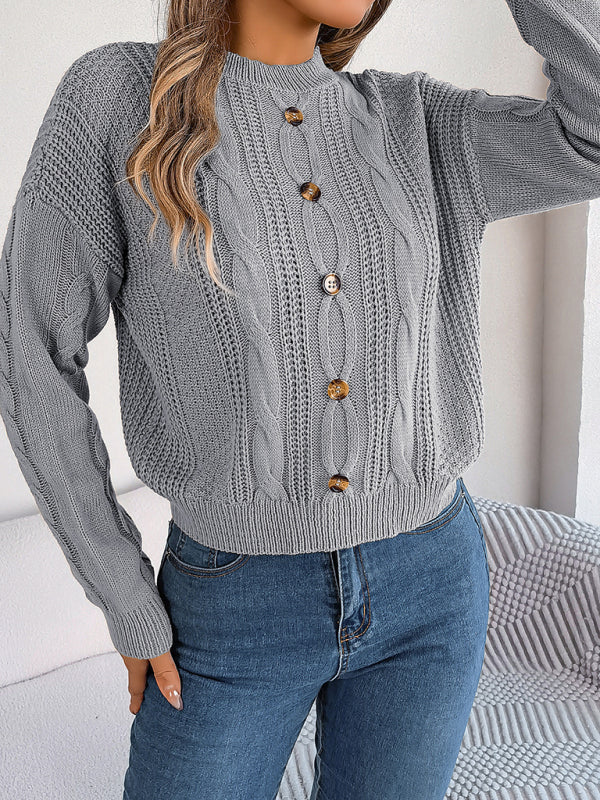 New solid color button twist long-sleeved pullover sweater-[Adult]-[Female]-2022 Online Blue Zone Planet