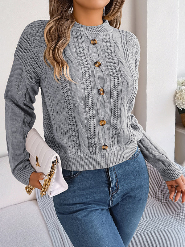 New solid color button twist long-sleeved pullover sweater-[Adult]-[Female]-2022 Online Blue Zone Planet