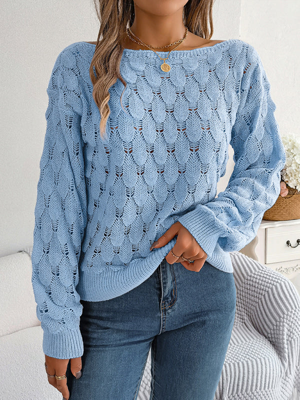 Blue Zone Planet | feather hollow one-line collar off-shoulder lantern sleeve sweater BLUE ZONE PLANET