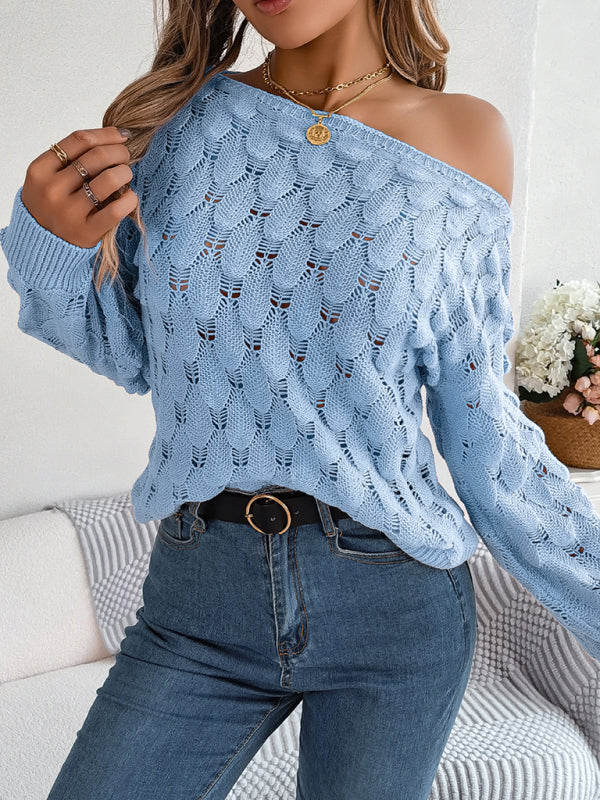 Blue Zone Planet | feather hollow one-line collar off-shoulder lantern sleeve sweater BLUE ZONE PLANET