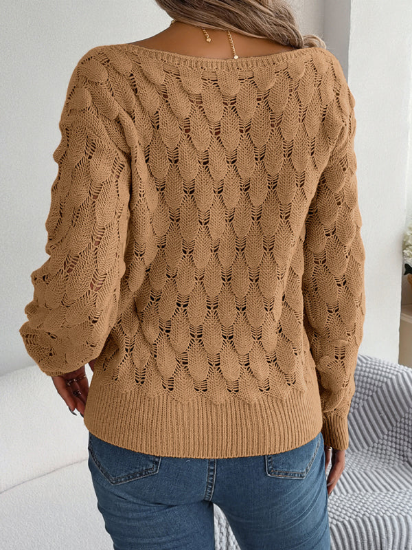 Blue Zone Planet | feather hollow one-line collar off-shoulder lantern sleeve sweater BLUE ZONE PLANET