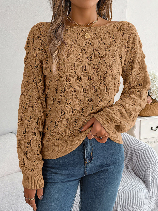 Blue Zone Planet | feather hollow one-line collar off-shoulder lantern sleeve sweater BLUE ZONE PLANET