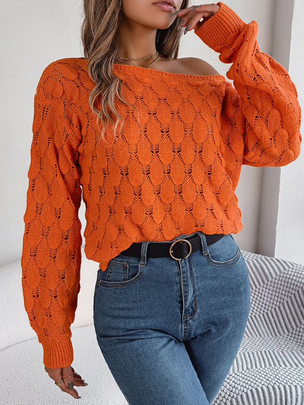 Blue Zone Planet | feather hollow one-line collar off-shoulder lantern sleeve sweater BLUE ZONE PLANET